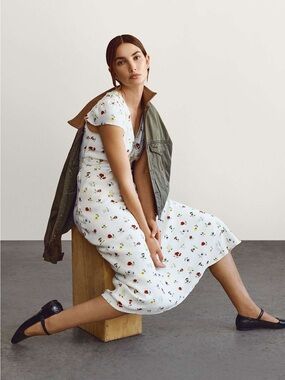 Gap x Doen White Floral Midi Dress with Red & Yellow Blossoms